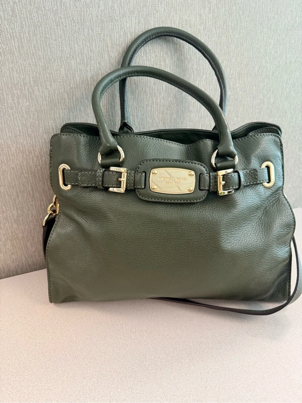Michael Kors Dark Olive Hamilton Leather Satchel with Gold Hardware